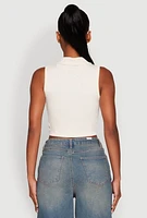 Womens Seamless Cable Knit Polo Crop Top, Beige,