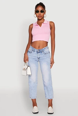 Womens Seamless Cable Knit Polo Crop Top, Pink, Size S-M