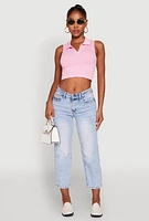 Womens Seamless Cable Knit Polo Crop Top, Pink, Size S-M