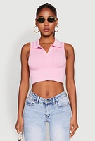 Womens Seamless Cable Knit Polo Crop Top, Pink, Size L-XL