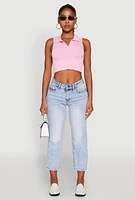 Womens Seamless Cable Knit Polo Crop Top, Pink, Size L-XL