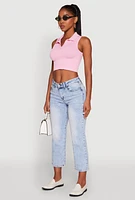 Womens Seamless Cable Knit Polo Crop Top, Pink, Size L-XL