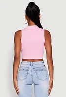 Womens Seamless Cable Knit Polo Crop Top, Pink, Size L-XL