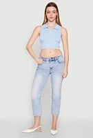 Womens Seamless Cable Knit Polo Crop Top, Blue, Size L-XL