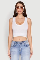 Womens Seamless Scoop Neck Cable Knit Crop Top, White, Size L