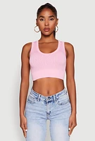 Womens Seamless Scoop Neck Cable Knit Crop Top, Pink, Size M