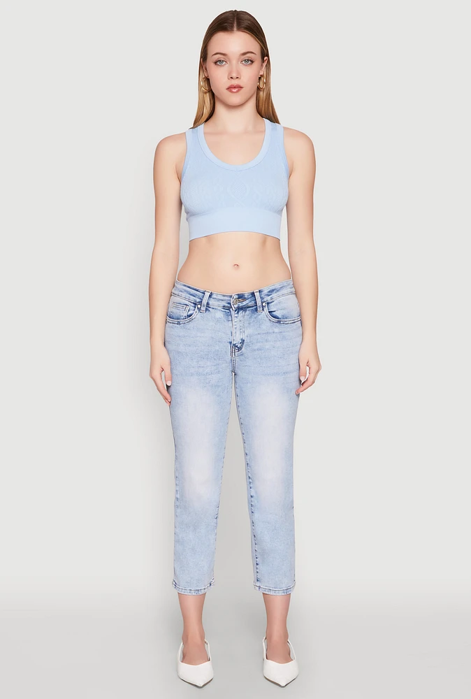 Womens Seamless Scoop Neck Cable Knit Crop Top, Blue,