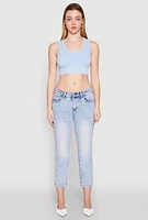 Womens Seamless Scoop Neck Cable Knit Crop Top, Blue,