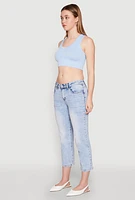 Womens Seamless Scoop Neck Cable Knit Crop Top, Blue,