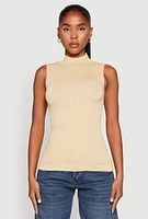 Womens Seamless Mock Neck Tank Top, Beige, Size M