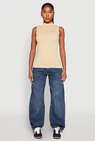 Womens Seamless Mock Neck Tank Top, Beige, Size M