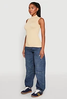 Womens Seamless Mock Neck Tank Top, Beige, Size M