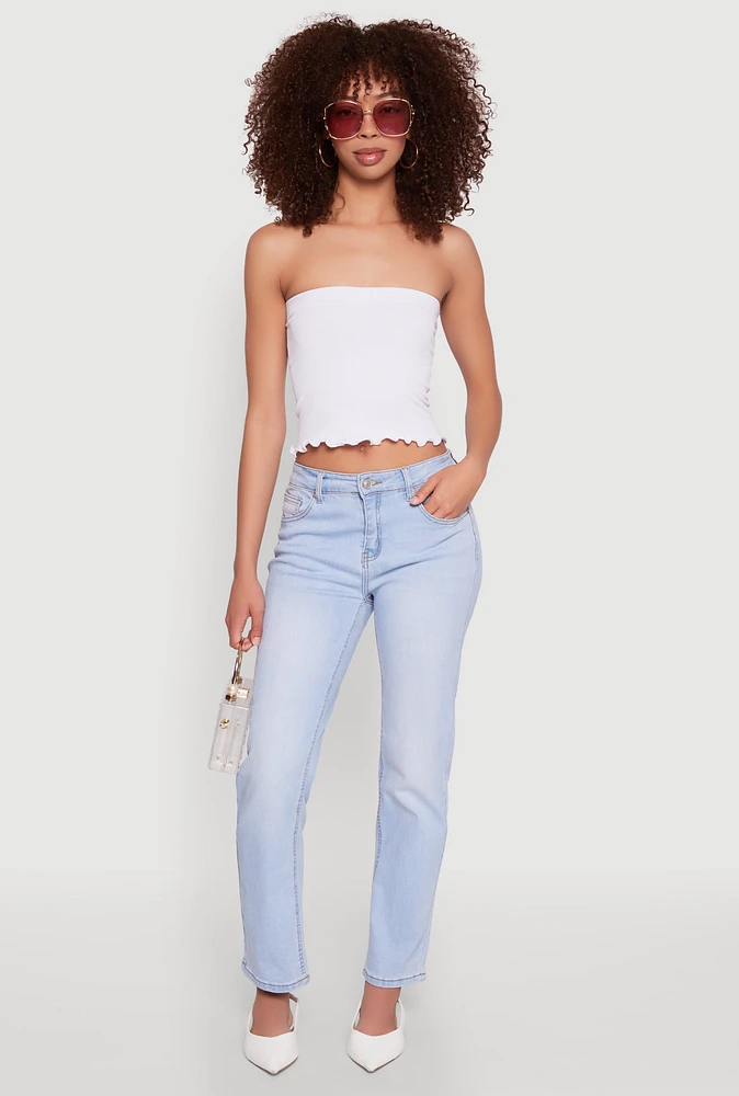 Womens Lettuce Edge Seamless Tube Top, White, Size L-XL
