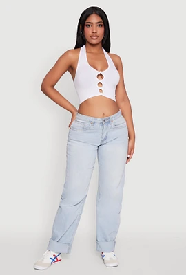 Womens Button Front Cut Out Halter Neck Crop Top, White, Size L-XL