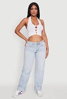 Womens Button Front Cut Out Halter Neck Crop Top, White, Size L-XL