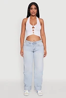 Womens Button Front Cut Out Halter Neck Crop Top, White, Size L-XL
