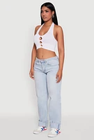 Womens Button Front Cut Out Halter Neck Crop Top, White, Size L-XL