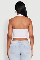 Womens Button Front Cut Out Halter Neck Crop Top, White, Size L-XL