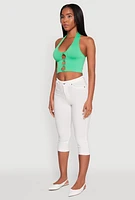 Womens Button Front Cut Out Halter Neck Crop Top, S-M