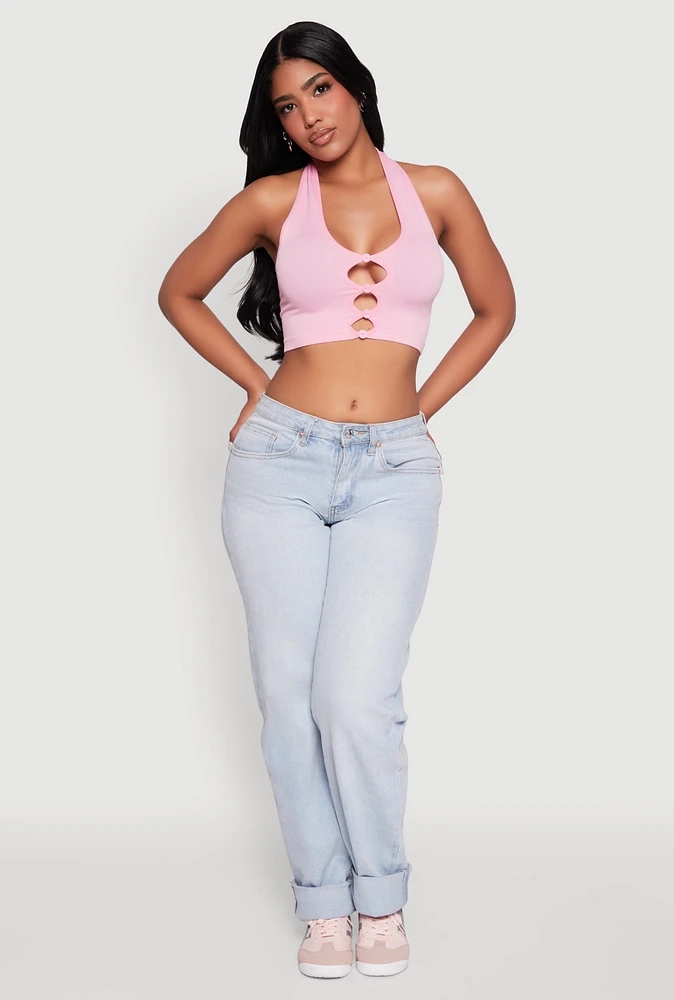 Womens Button Front Cut Out Halter Neck Crop Top, Pink, Size S-M