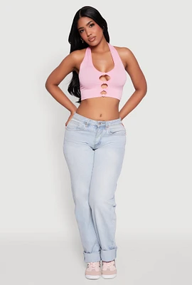 Womens Button Front Cut Out Halter Neck Crop Top, Pink, Size S-M