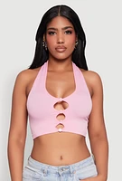 Womens Button Front Cut Out Halter Neck Crop Top, Pink, Size S-M