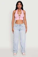 Womens Button Front Cut Out Halter Neck Crop Top, Pink, Size S-M
