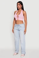 Womens Button Front Cut Out Halter Neck Crop Top, Pink, Size S-M