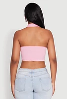 Womens Button Front Cut Out Halter Neck Crop Top, Pink, Size S-M