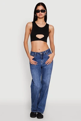 Womens Cut Out Front Seamless Cropped Tank Top, Black, Size L-XL