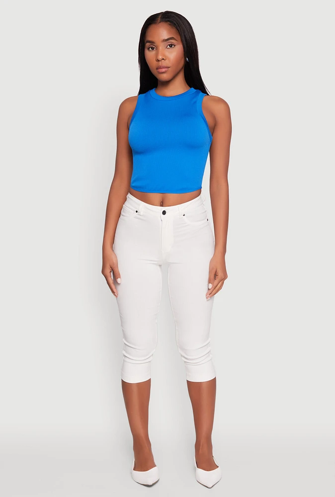 Womens Seamless Crew Neck Cropped Tank Top, Blue, Size L-XL