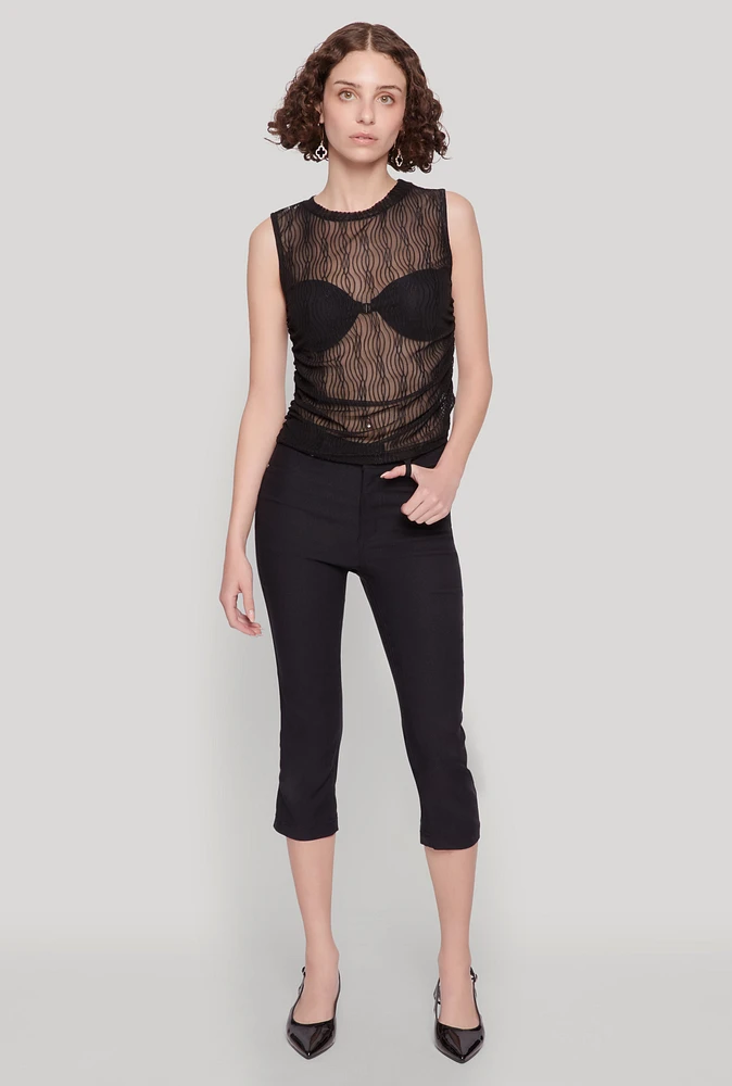 Womens Side Ruched Sleeveless Mesh Top, Black, Size XL