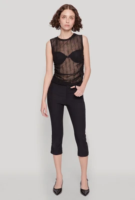 Womens Side Ruched Sleeveless Mesh Top, Black, Size XL