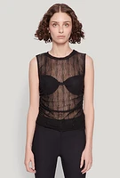 Womens Side Ruched Sleeveless Mesh Top, Black, Size XL