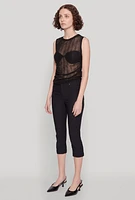 Womens Side Ruched Sleeveless Mesh Top, Black, Size XL