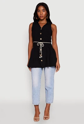 Womens Crepe Knit Tiered Tunic Top, Black, Size M