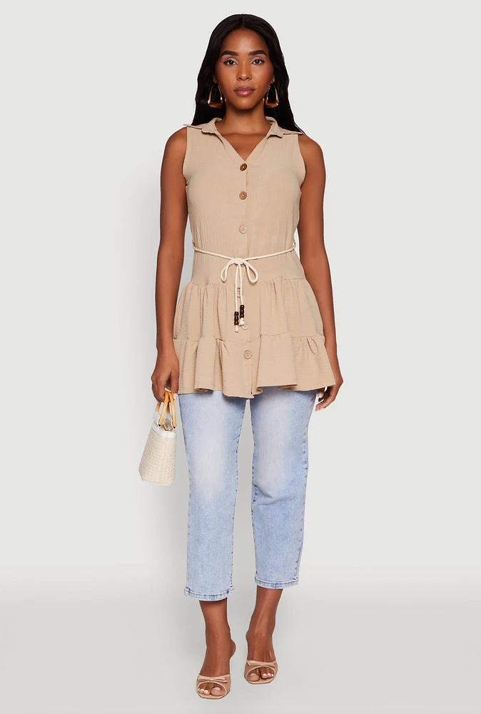 Womens Crepe Knit Tiered Tunic Top, Beige,