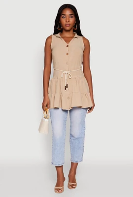 Womens Crepe Knit Tiered Tunic Top, Beige,