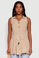 Womens Crepe Knit Tiered Tunic Top, Beige,