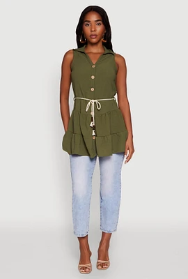 Womens Crepe Knit Tiered Tunic Top, Green, Size M