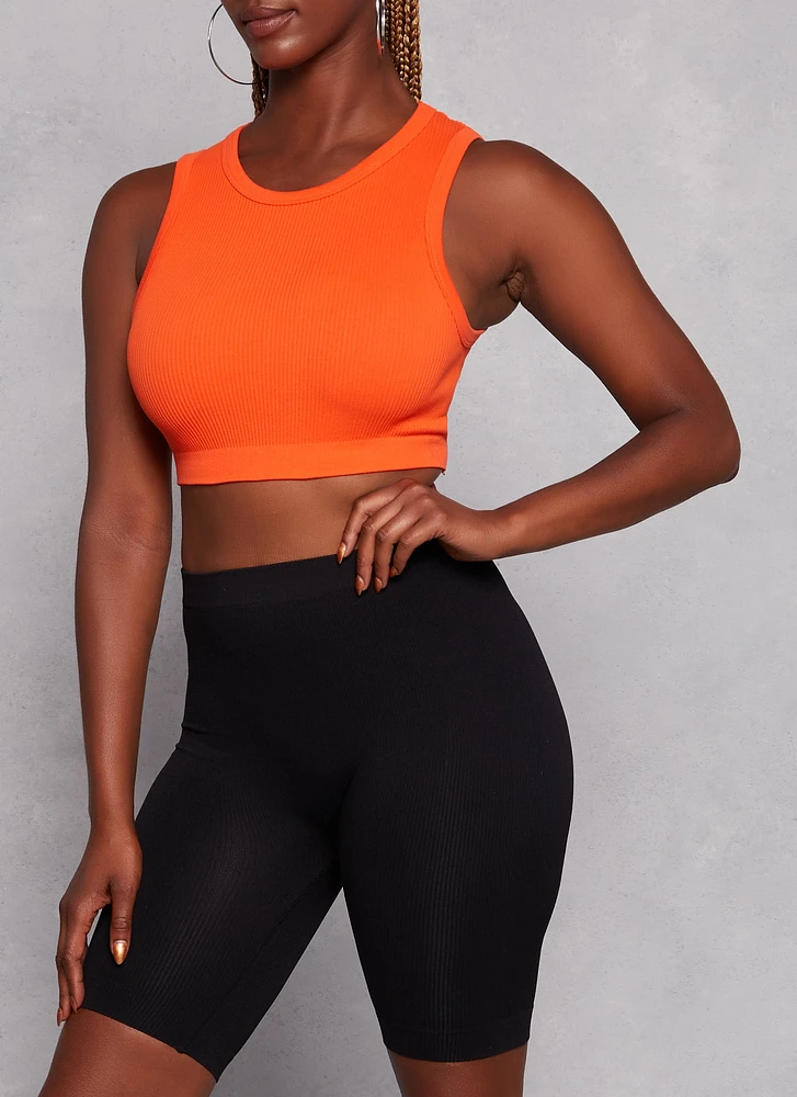 Womens Ribbed High Neck Seamless Tank Top, Orange, Size M-L