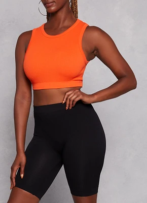 Womens Ribbed High Neck Seamless Tank Top, Orange, Size M-L
