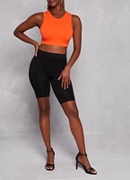 Womens Ribbed High Neck Seamless Tank Top, Orange, Size M-L