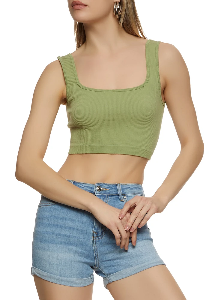 Womens Seamless Rib Knit Crop Top, Green, Size S-M