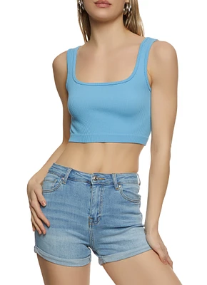 Womens Seamless Rib Knit Crop Top, Blue, Size S-M