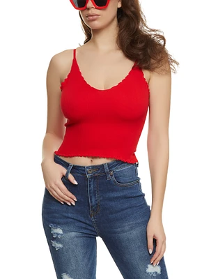 Womens Ribbed Knit Lettuce Edge Seamless Cami, Red, Size S-M