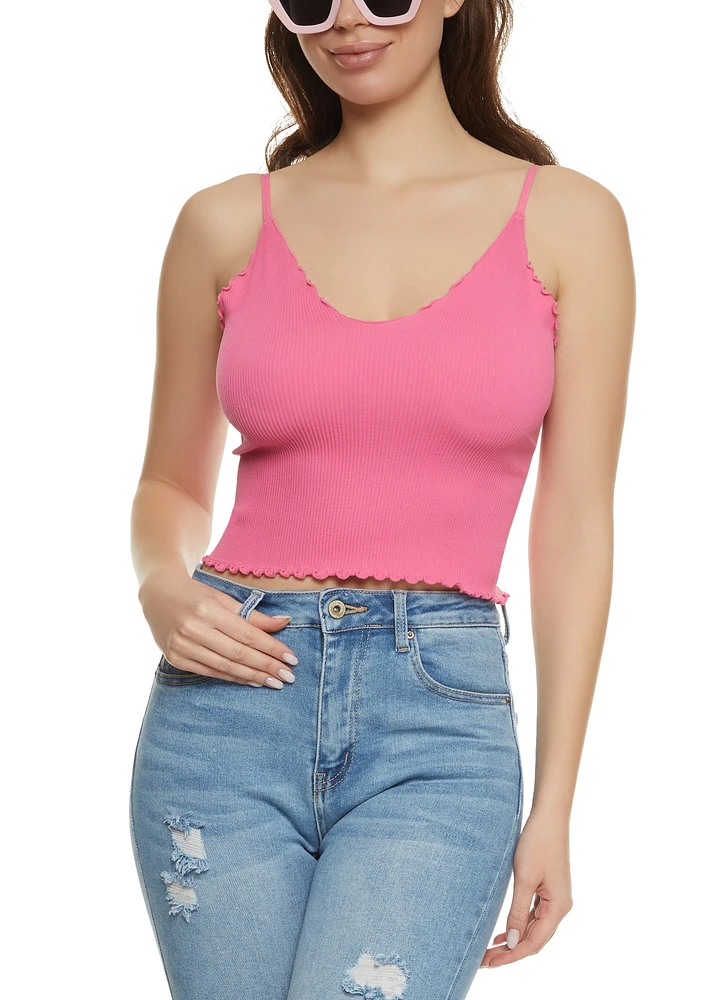Womens Ribbed Knit Lettuce Edge Seamless Cami, Pink, Size S-M