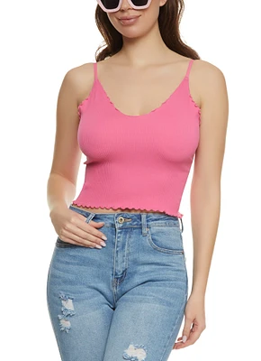 Womens Ribbed Knit Lettuce Edge Seamless Cami, Pink, Size S-M
