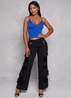 Womens Ribbed Knit Lettuce Edge Seamless Cami, Blue, Size S-M