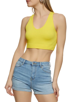Womens Rib Knit Seamless Crop Top, Yellow, Size S-M